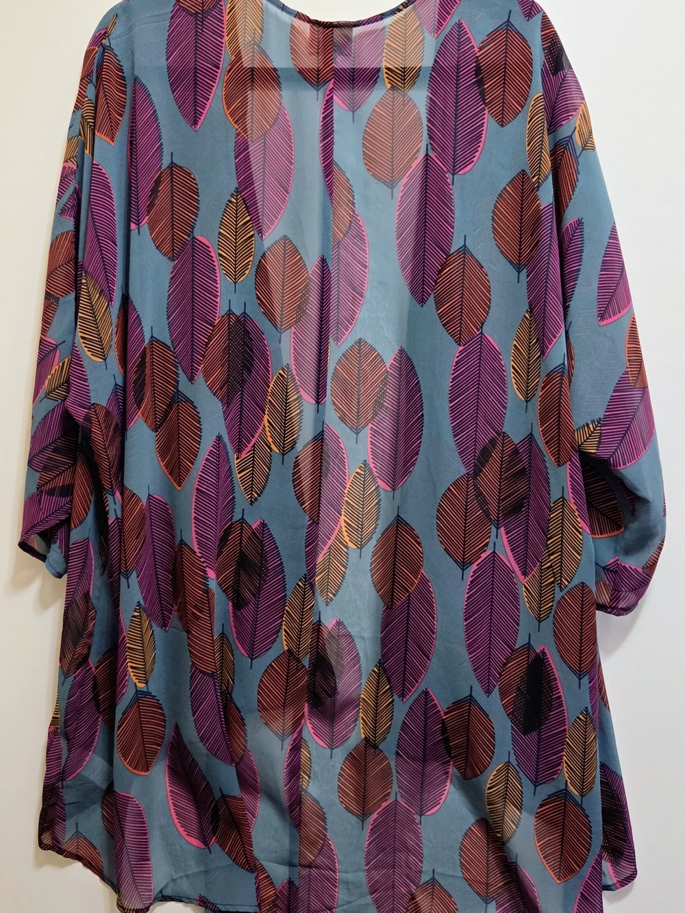 LuLaRoe Blue Leaf-Print Open-Front Kimono with Purple and Pink Accents - Picture 5 of 5